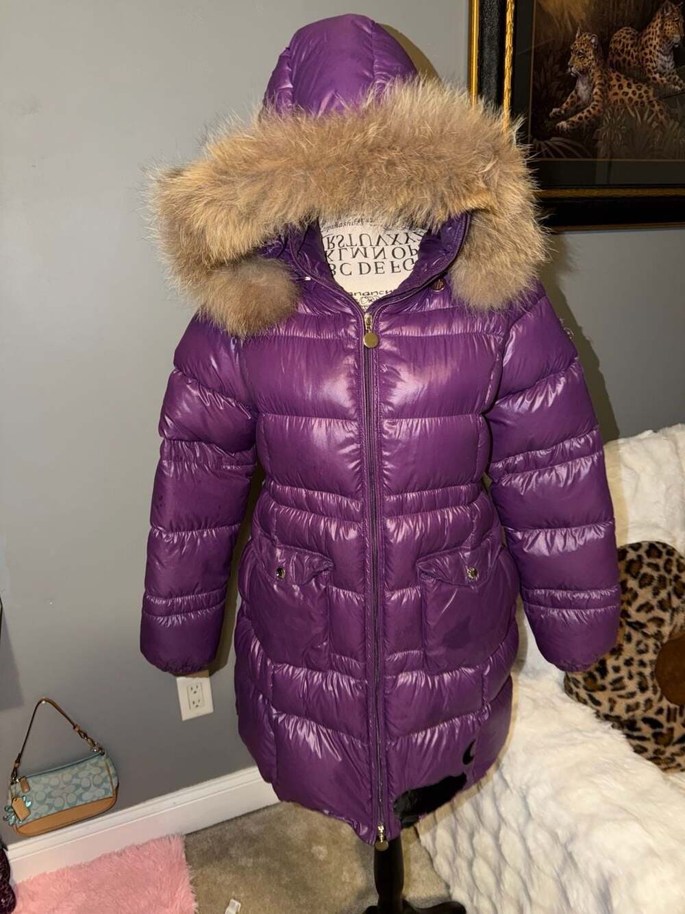 Moncler Glossy Purple Puffer Jacket With Fur Hood